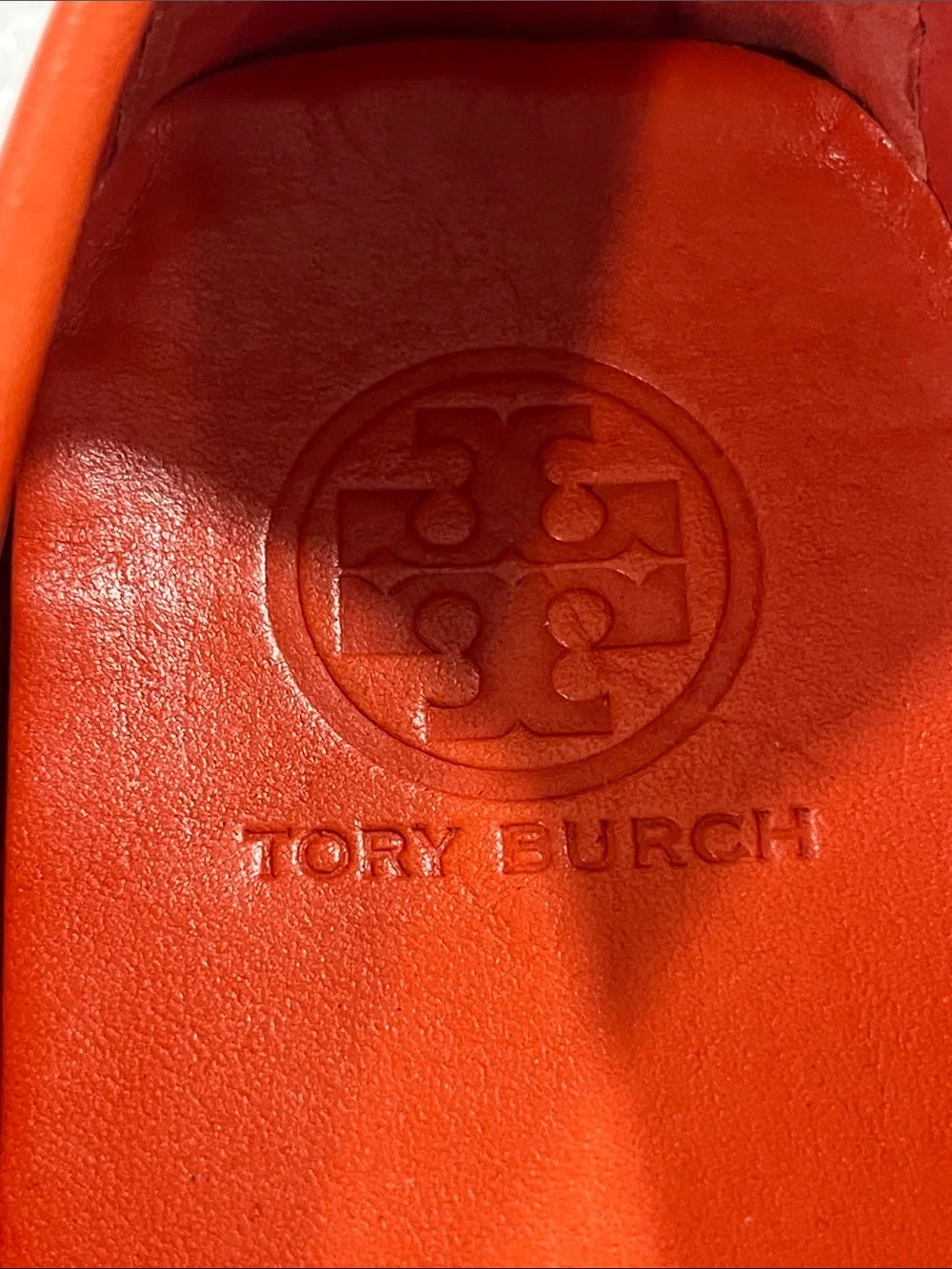 Tory‎ Burch Casey loafers featuring beige canvas with orange leather trim 7.5